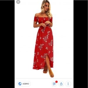 Red floral off the shoulder tulip hem maxi